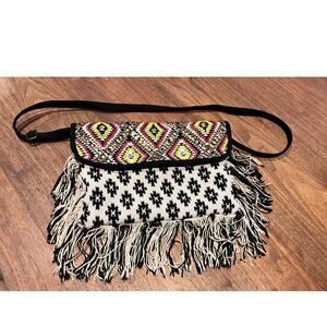 Street Level Shoulder Bag, Boho, Beaded, Fringe, Black White Colorful Canvas